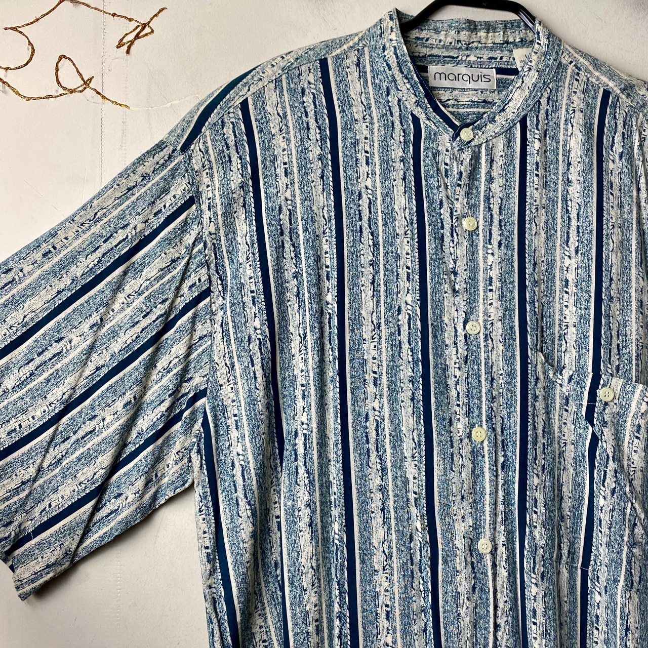 old abstract stripe pattern rayon band collar S/S shirt
