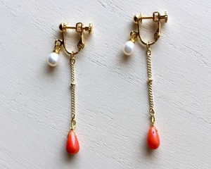 珊瑚 淡水パール 天然石 パワーストーン イヤリング