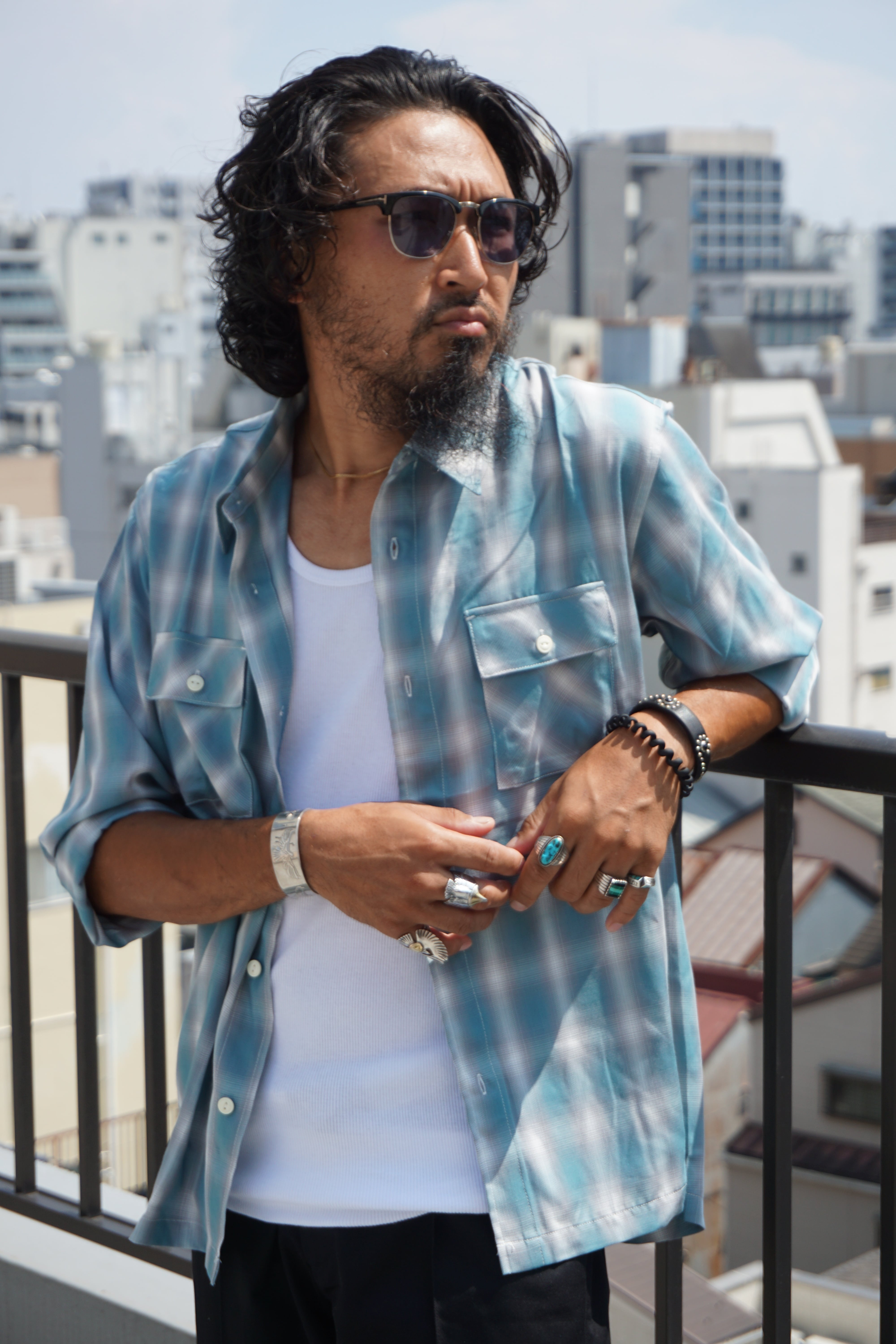 Rayon Mix Ombre Check Shirts / MNT×WHT - 102425012 | 【BIG MIKE 