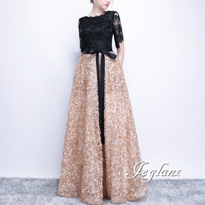 イブニングドレス バイカラー 異素材 レース 刺繍 透け感 リボン (M9060)ε