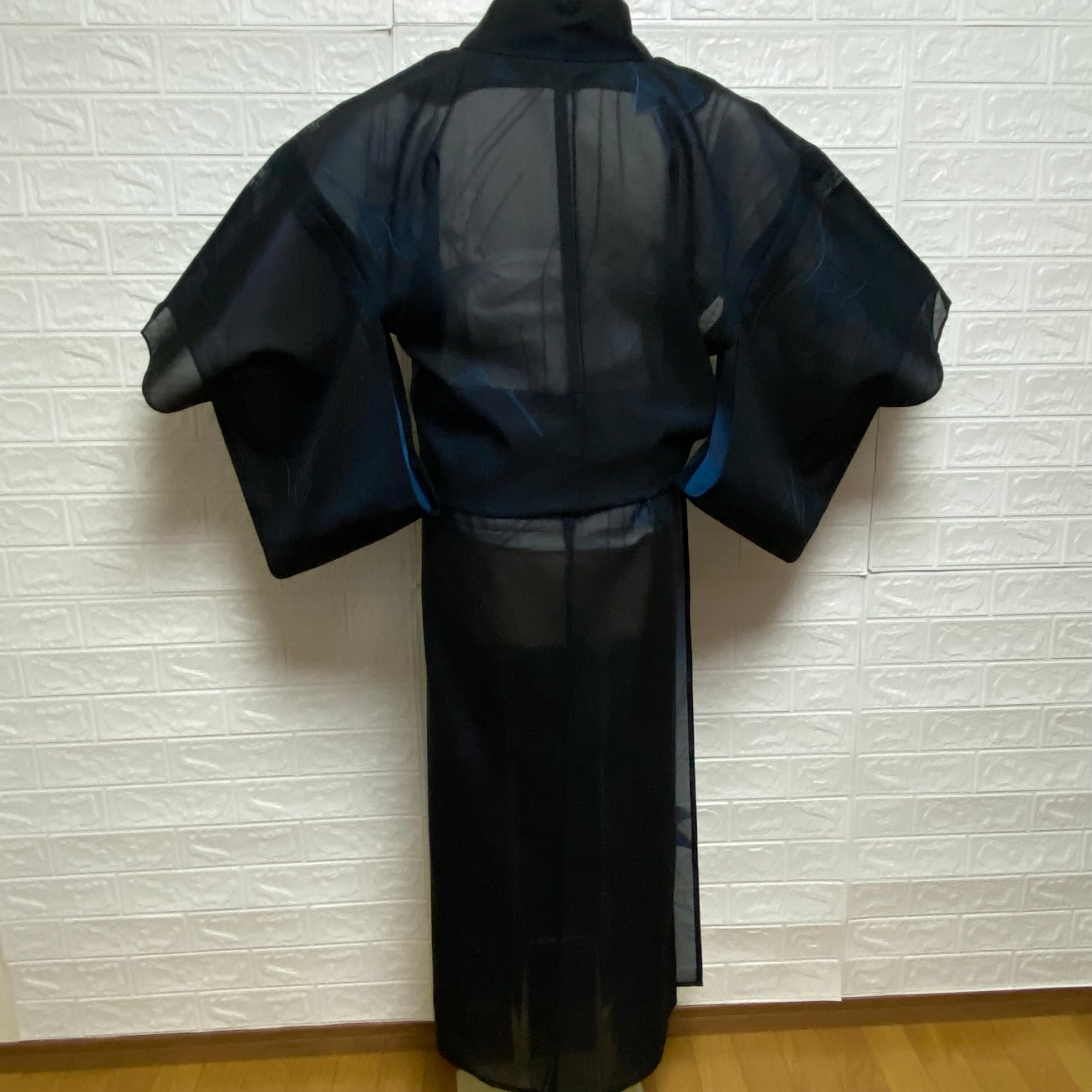 薄物 紗】夏着物 小紋 葉模様 黒色 紺色 着物 和洋 清涼感 昭和レトロ