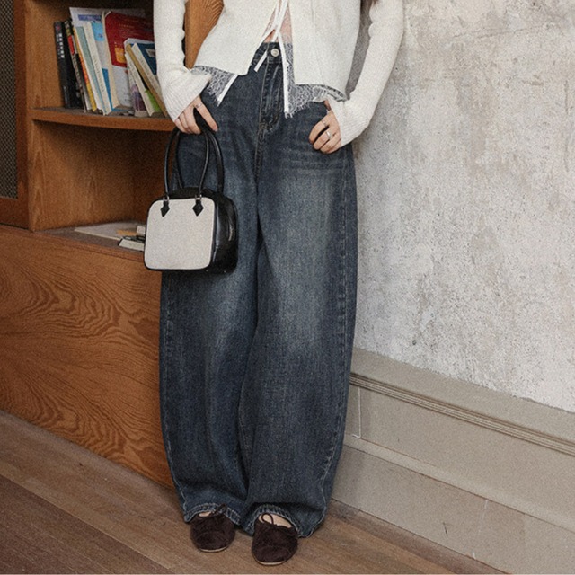 wide straight denim pants　J00491