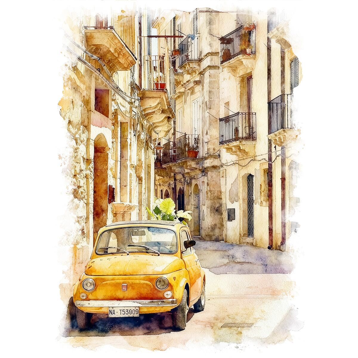 絵画 イタリア 風景画(街並み) レッチェ フィアットのある風景 インテリアアート額付き 水彩画・油絵調 WAT0341