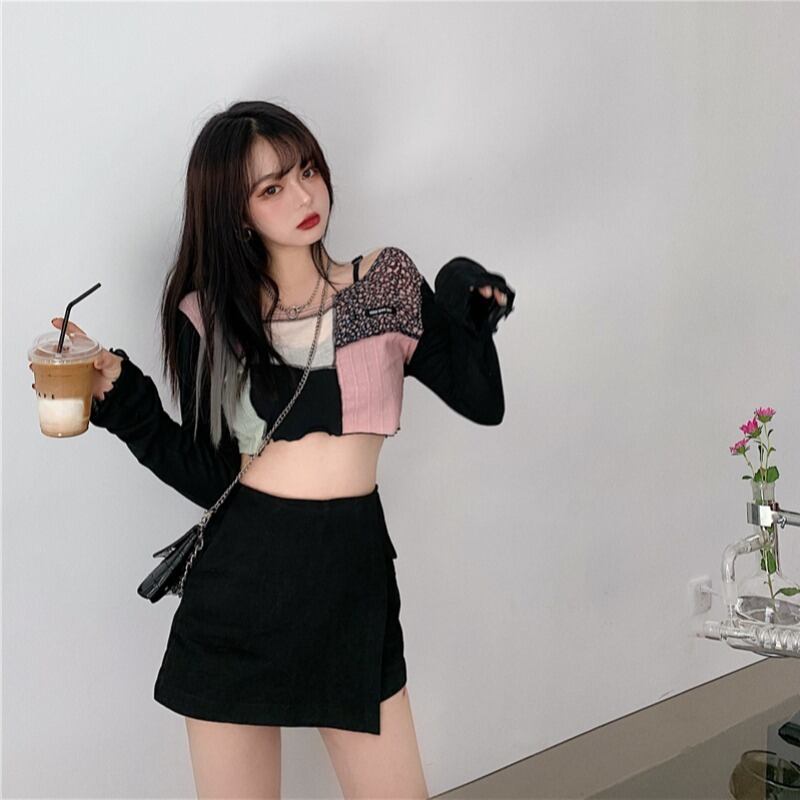 コントラストカラーステッチ長袖日焼け止めTシャツレディースサマースリムスリミングショートクロップトップ2020ニューブラック ブラックストロベリース48323174109