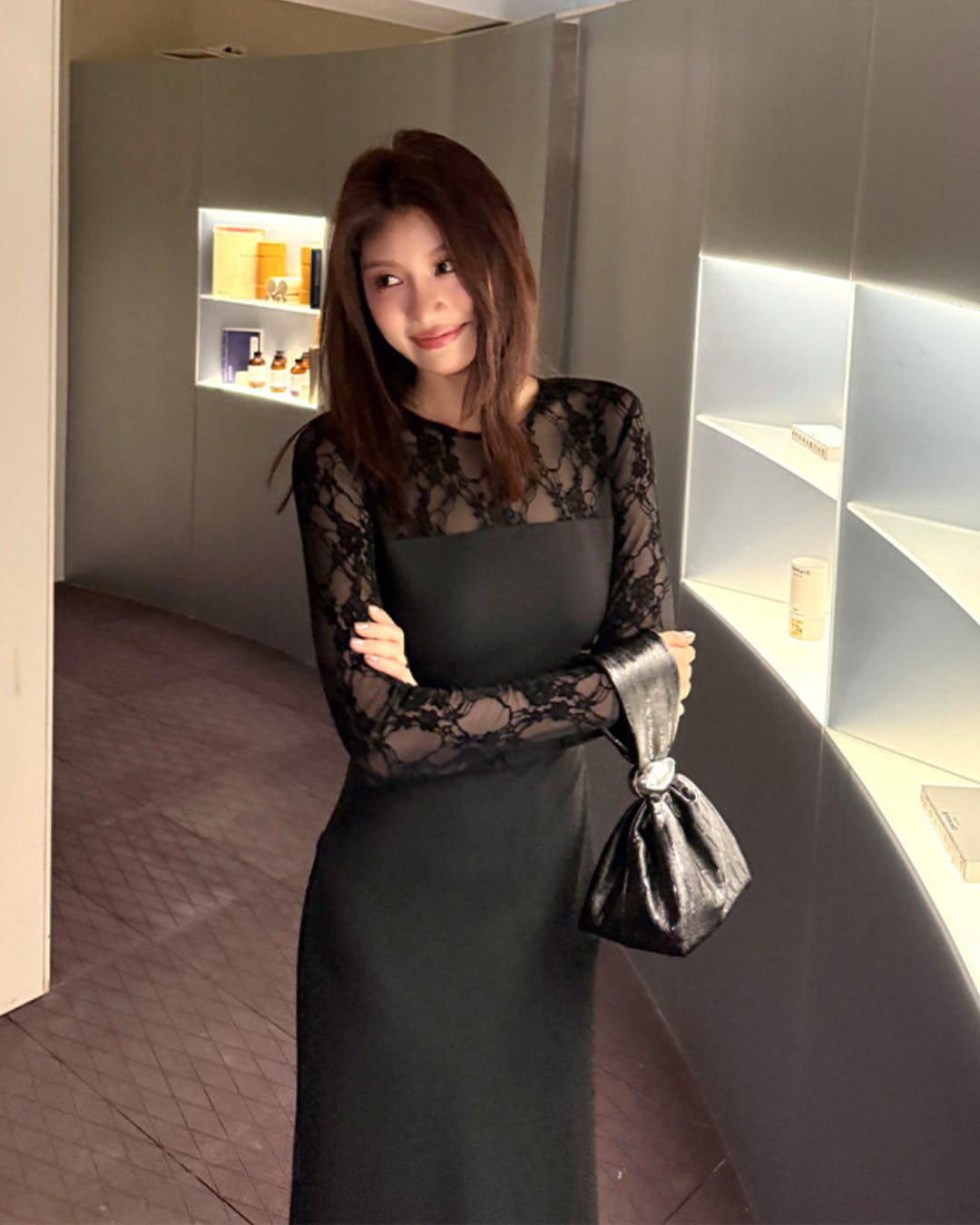 レース切り替えロングワンピース A25093