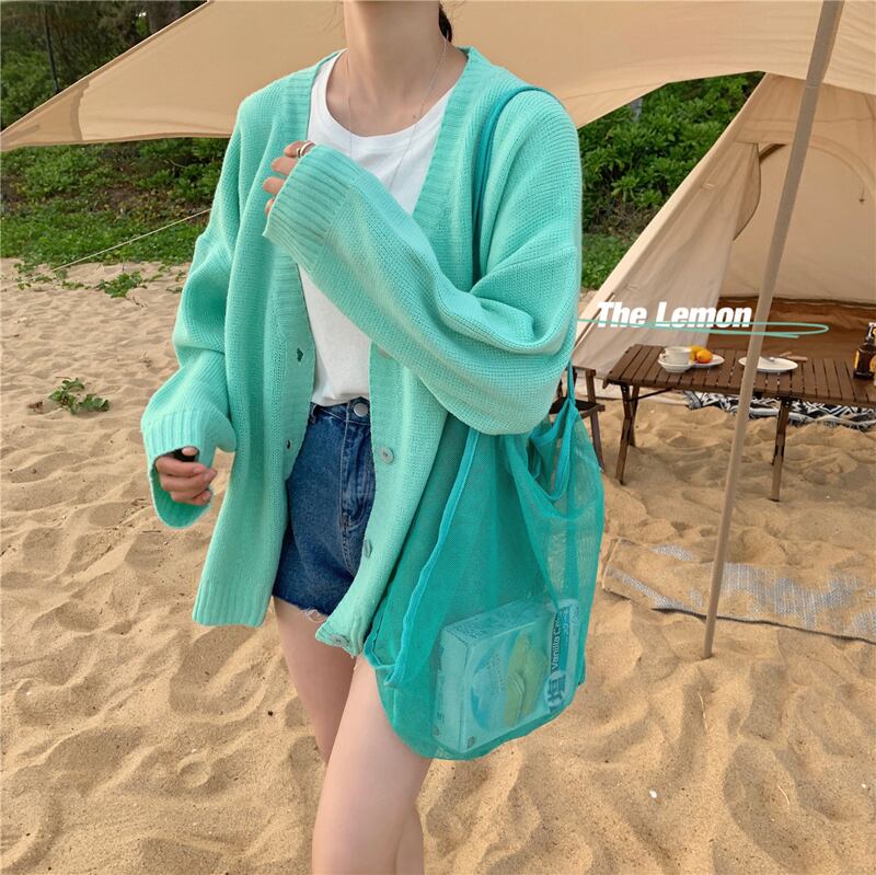 ブレストVネックカーディガンスプリングサマーニットジャケット トップス レディース 春物 夏物 ビッグFスモールZ韓国41402336140