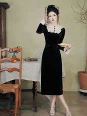 【0266】Velvet Retro Straight Long Sleeve Dress