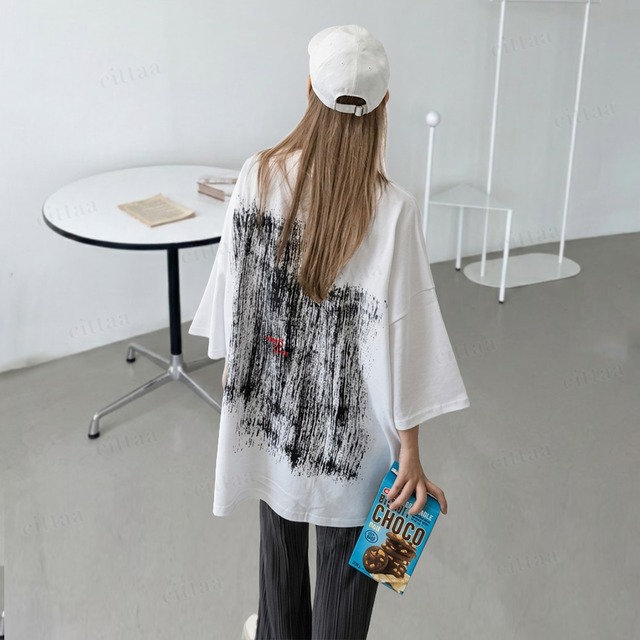 【即納】Y-4945　2026夏新作♡PLACEペイントプリント半袖ワイドシルエットTシャツ　ホワイト　0609