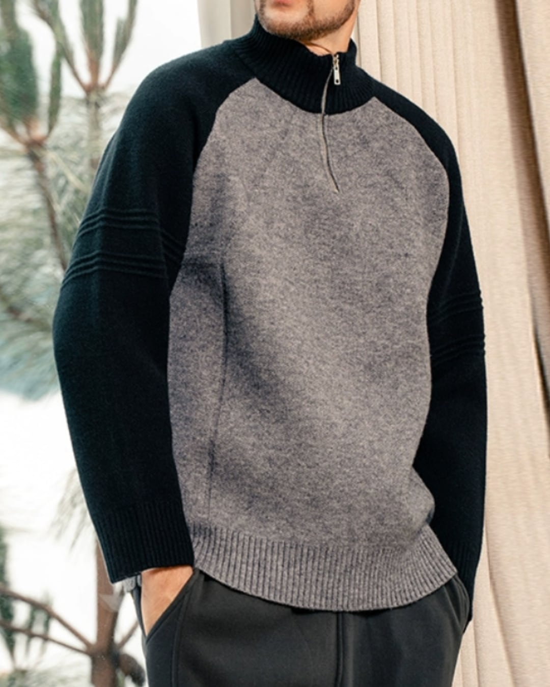 ハーフジップ バイカラーニット 4色 E0260