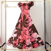フラダンス 衣装 CC Fashions CCファッション ワンピース ドレス ピンク系 ティアレ柄 花柄 植物柄 ハワイアンプリント ハワイアン アロハ フラ ダンス レッスン 練習 ハワイアンダンス フリル フレアスカート ブラウン系 茶 華やか 鮮やか かわいい おしゃれ ダンス衣装 練習着 レッスンウェア