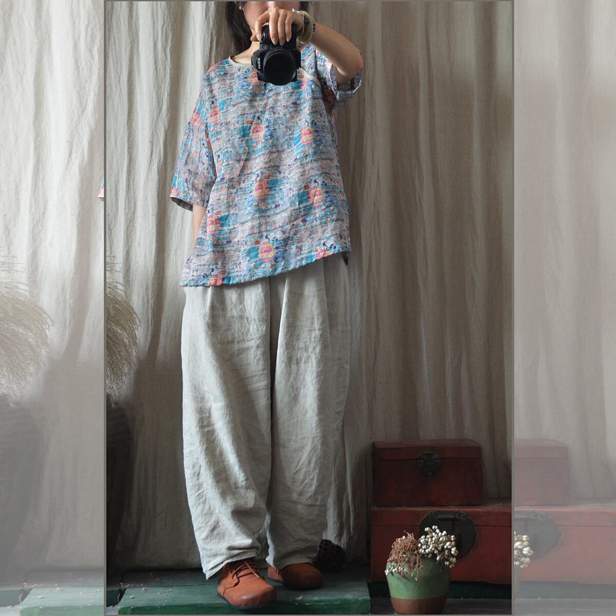 プリント柄シャツ サマーラウンドネックプルオーバー ショートガウン 夏物 Oネック Yiranxuaディースワード70756100430