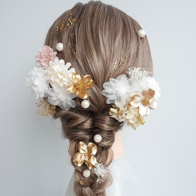 A247 オーガンジーフラワー　髪飾り　白ゴールド　成人式　卒業式　七五三　浴衣　結婚式　前撮り