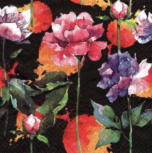 2024春夏【PAW】バラ売り2枚 ランチサイズ ペーパーナプキン Nora Flower ブラック
