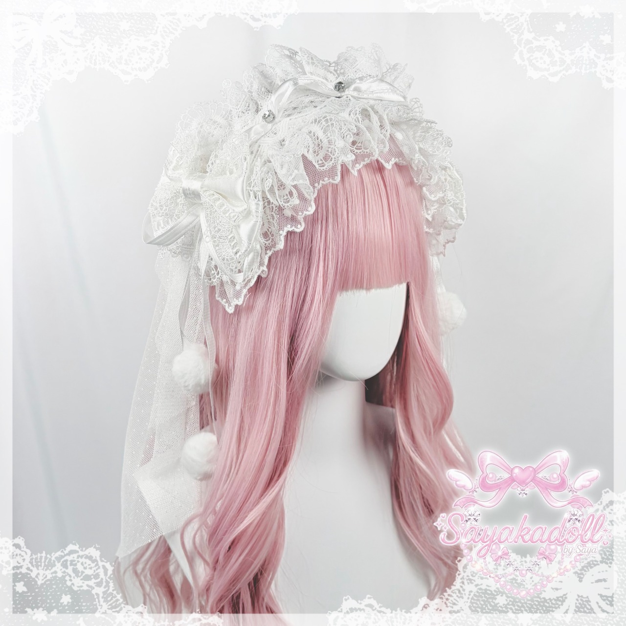 ♡【全5色】MAID 3way マシュマロリボンの夢色フリルレースヘッドドレス＋ヴェールセット light blue ♡