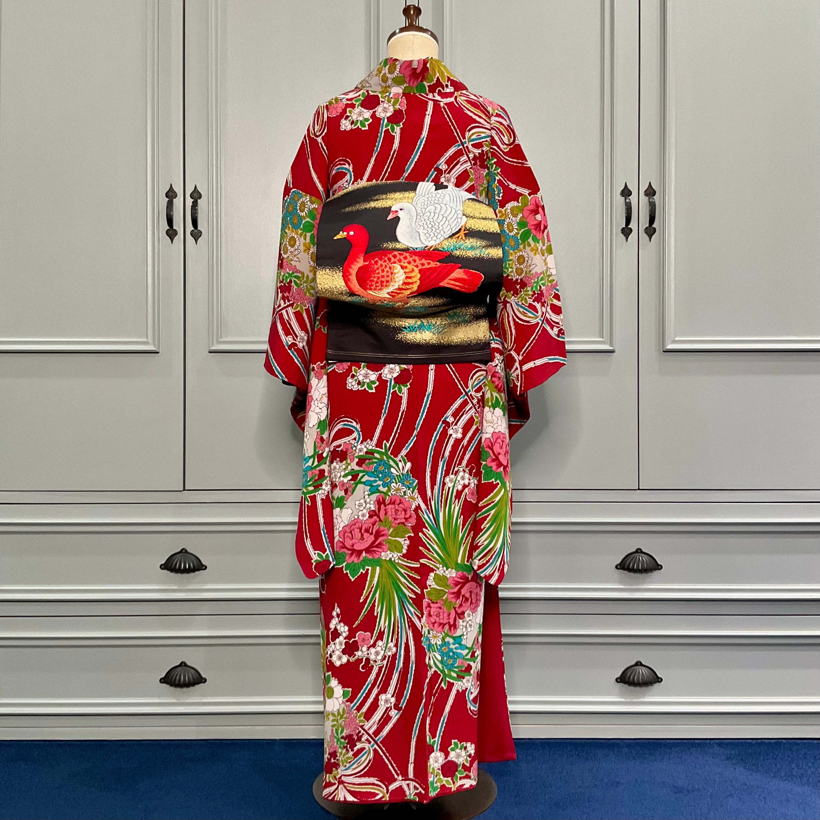 鳩のお散歩＊織模様 刺繍 鳥 鳩 ハト 紅白 お祝い アンティーク名古屋