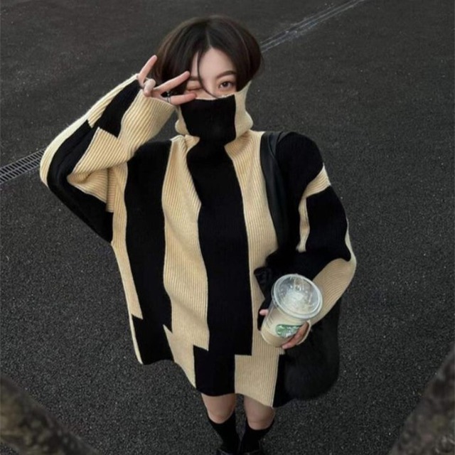 タートルネック 韓国風 ゆったりする 長袖 ストライプ セーター ワンピース