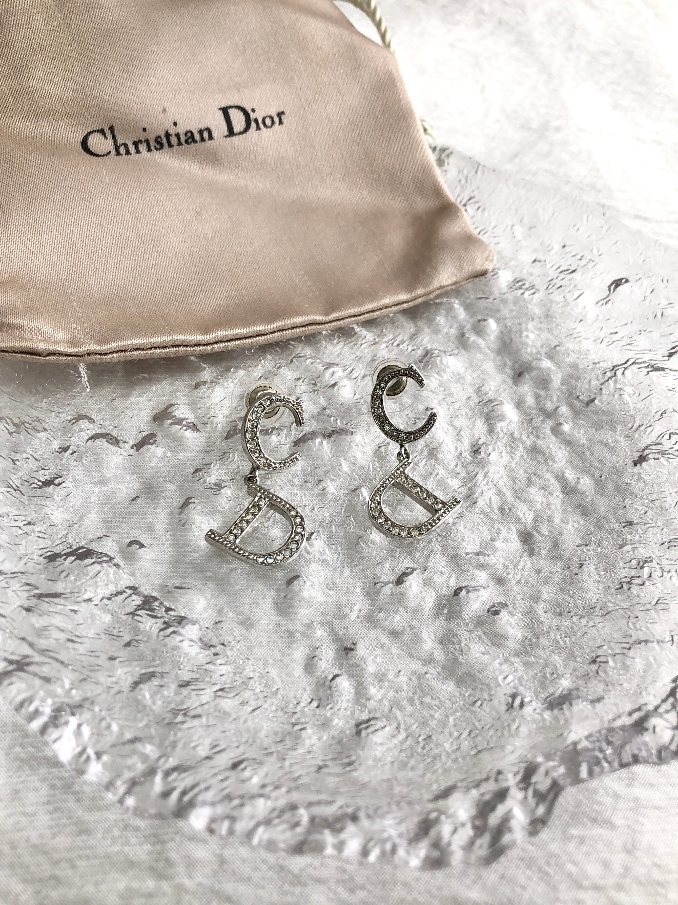 Christian Dior ピアス ディオールロゴ リボン ラインストーン 
