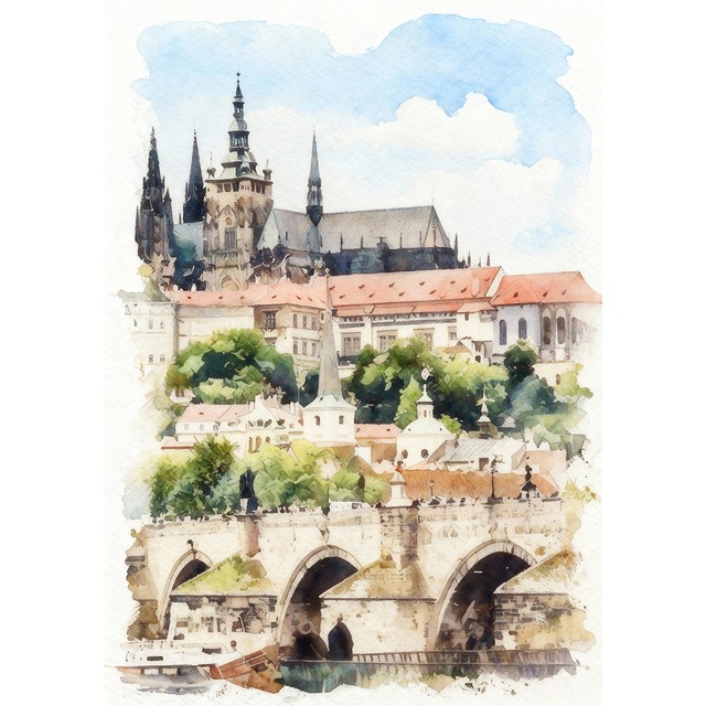 絵画 風景画(街並み) チェコ プラハ城とカレル橋 インテリアアート額付き 水彩画・油絵調 WAT0543