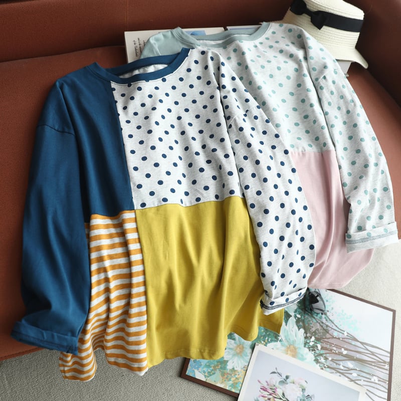 ドット&ボーダーパッチワーク風クルーネックロングTシャツ W2031