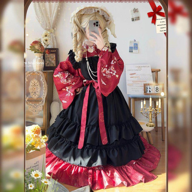中華ゴシック赤黒セットアップ 和袖ロリィタ