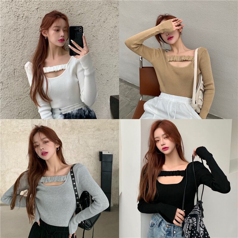 スクエアネックデザインセンスホローセクシータイトフィット長袖ニットセータートップレディース2020秋新作インナーベースシャツ ブラックストロベリース67328313075