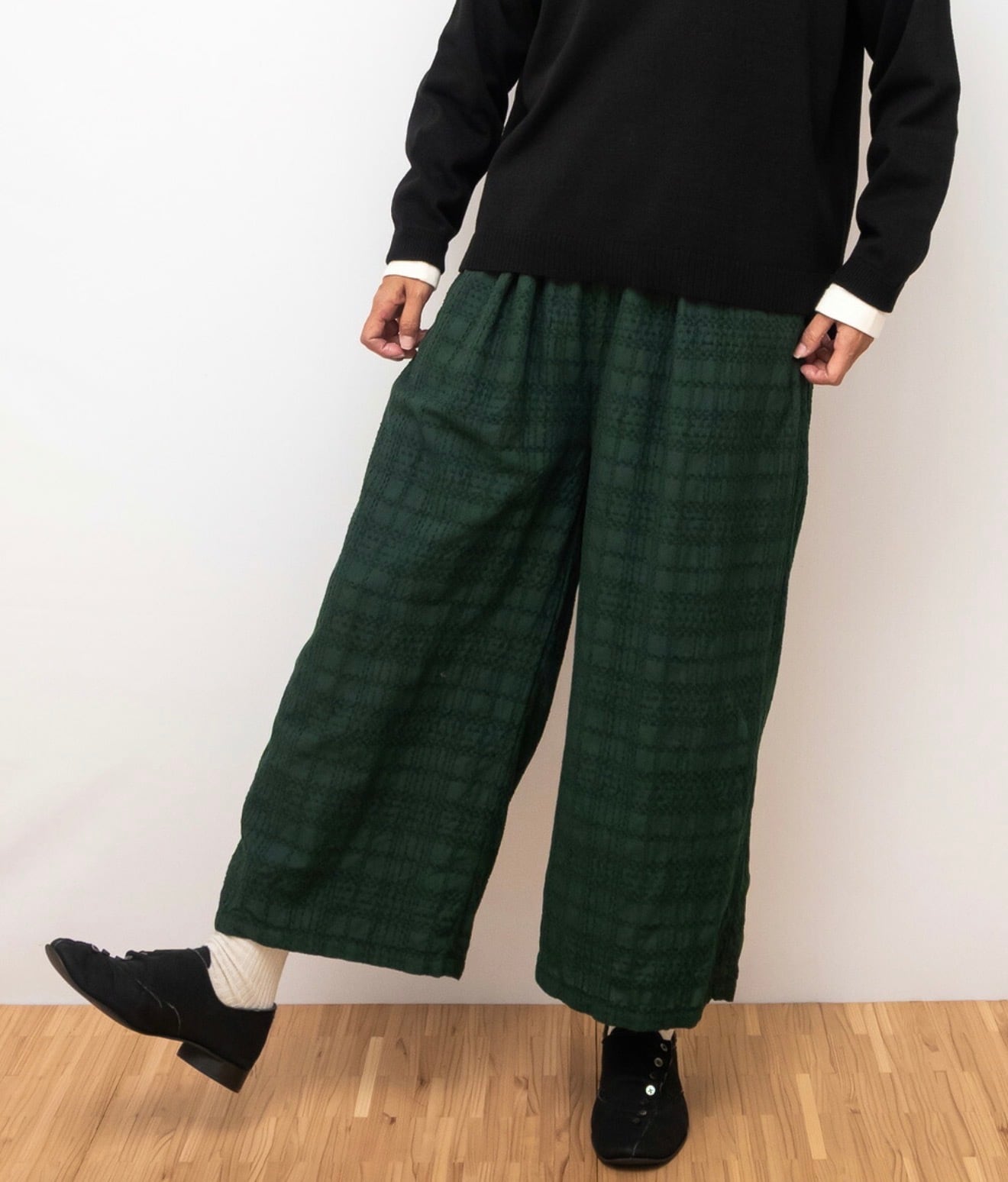 SUN VALLEY サンバレー / 製品染め コットン モール糸 チェック織柄 ワイド ストレート パンツ