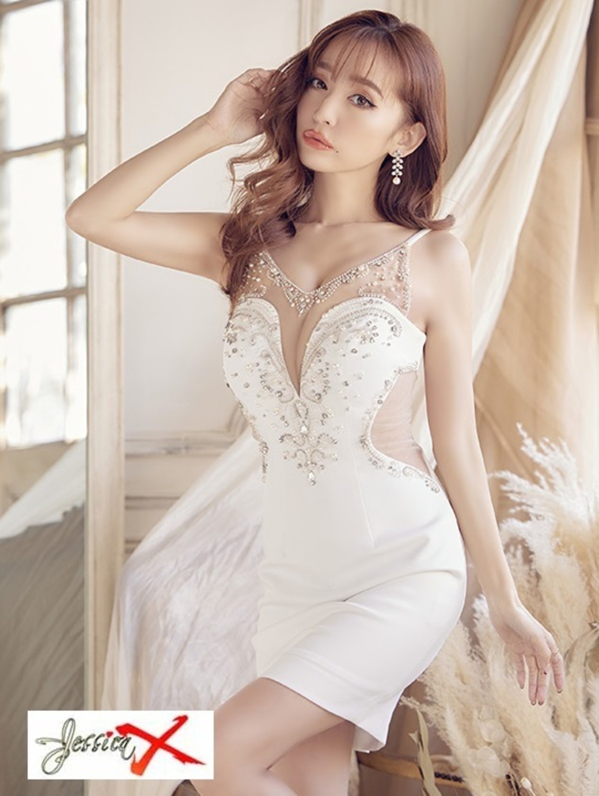 JESSICA】9716 シアービジューパールワンカラータイトミニドレス 