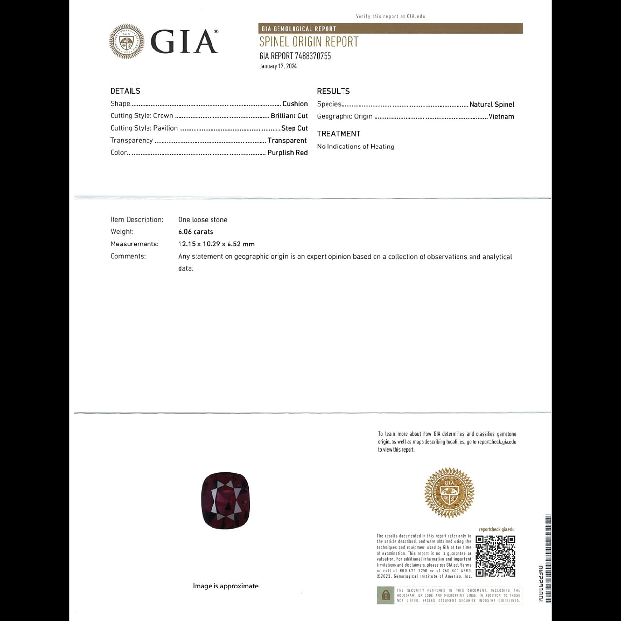 天然【非加熱】スピネル・パープリッシュレッド 6.06ct GIA鑑別書