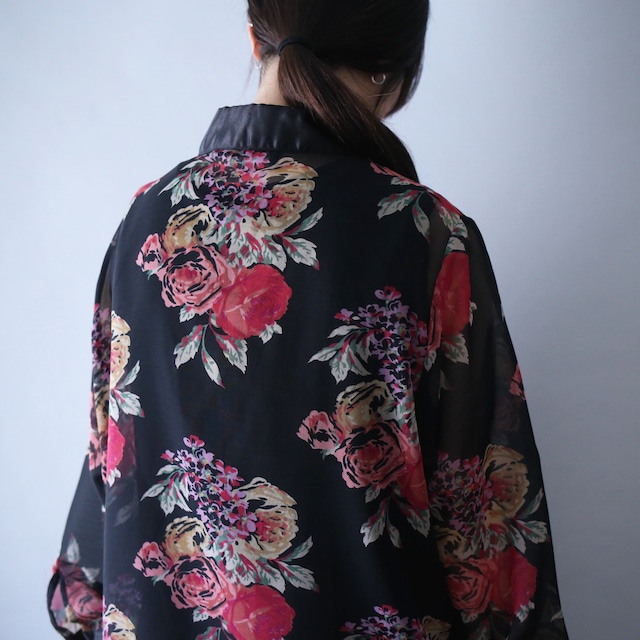 "sheer×satin" switching design beautiful flower pattern over silhouette see-through shirt