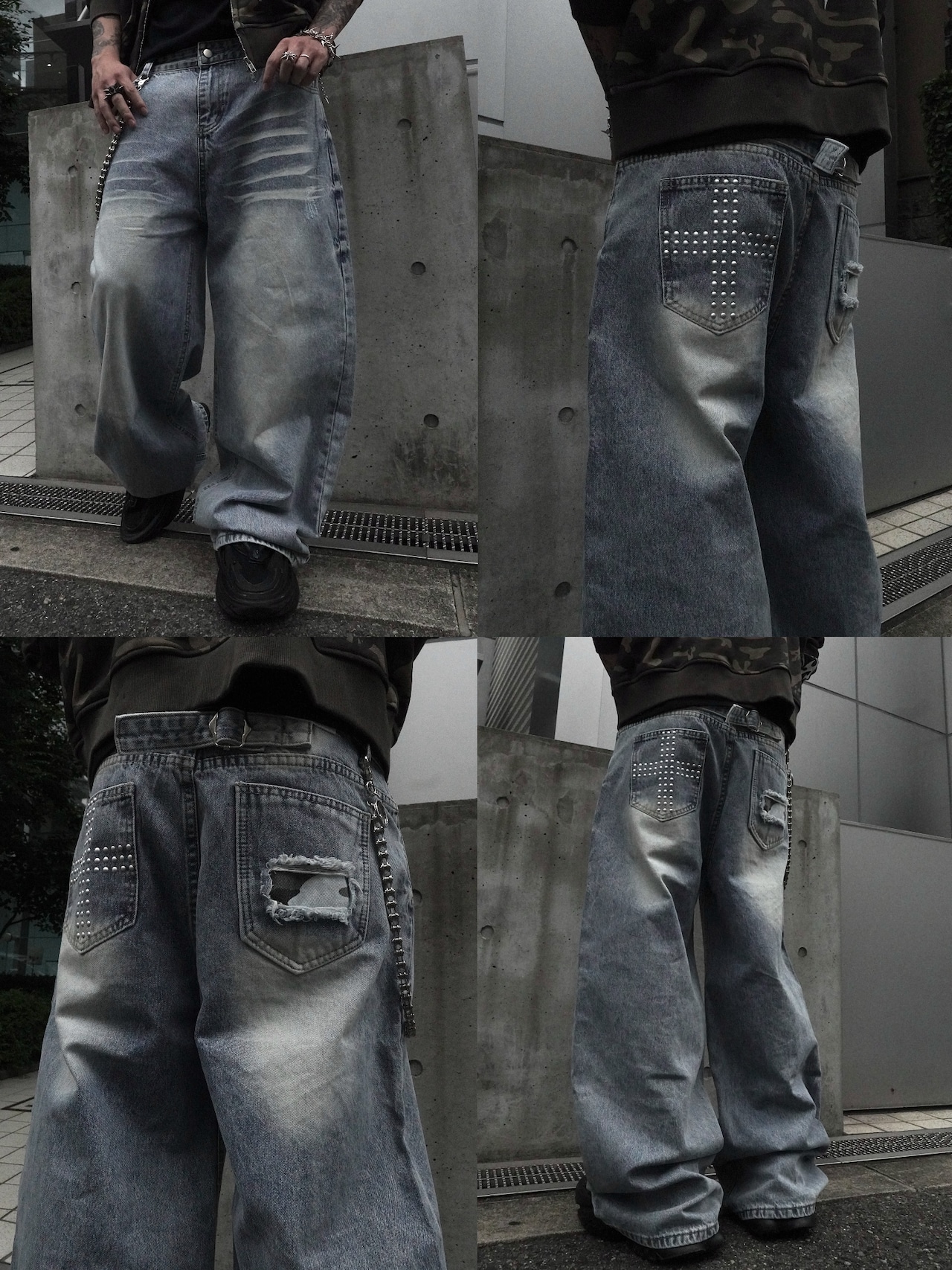 【PLANET STUDIO】Cross Studded Baggy Denim Pants