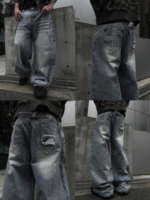 【PLANET STUDIO】Cross Studded Baggy Denim Pants