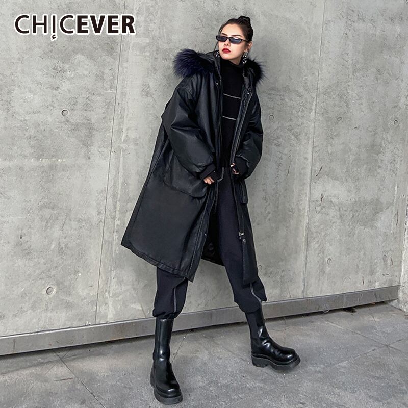CHICEVERブラックサストランスPUウィメンズコートフード付きパッチワーク、フェザーロングスリーブルーズストリートウェアレザーコート2020タイド 長袖 6base595641392931