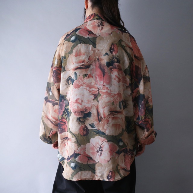 beautiful flower art pattern loose silhouette balloon sleeve see-through shirt