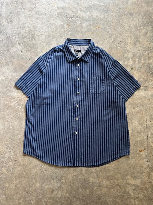 VAN HEUSEN 半袖ストライプシャツ ブルー コットン ボタンダウン風 レギュラーカラー