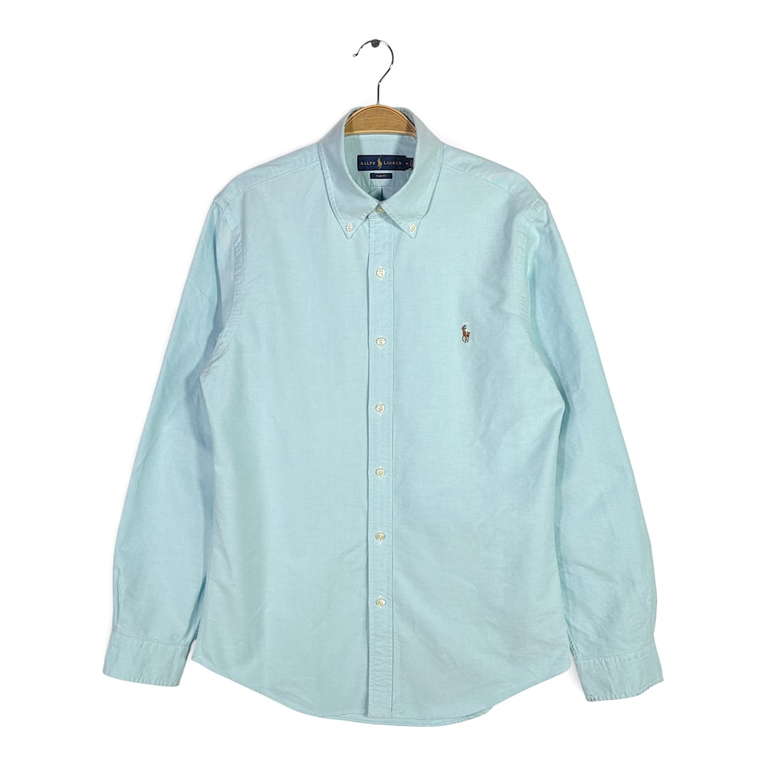 ラルフローレン アクアマリン オックスフォードシャツ ボタンダウン ワンポイントロゴ スリムフィット 長袖シャツ RALPH LAUREN サイズM 古着 CA1525