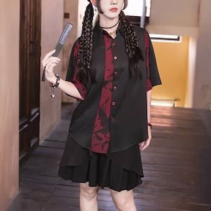 黒紅カラスプリント チャイナ風ルーズシャツ(lli_6727)