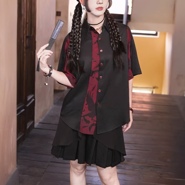 黒紅カラスプリント チャイナ風ルーズシャツ(lli_6727)