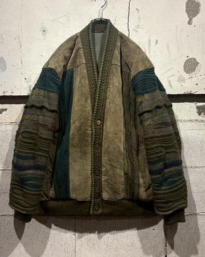 【Caka  otto】80's Euro Vintage Suede Leather Switching 3D Knit Cardigan Jacket
