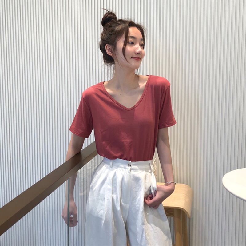 レディースブラック半袖Tシャツ2020新春Vネックルーズワイルドシントップスチューデントイントレンドのバージョン 1号婦人36136579496