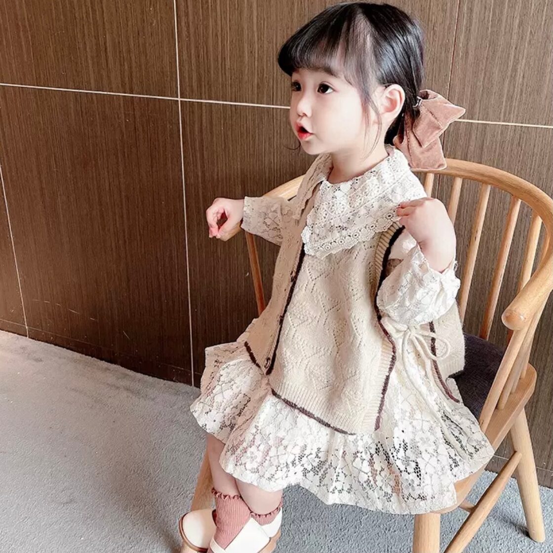130 ホワイト×ネイビー 花 レース ワンピース ドレス （KIDS】花柄 