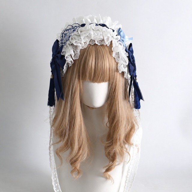 青花書簡 蒼花と白レースのクラロリ系装飾小物｜蒼花リボンヘッドドレス