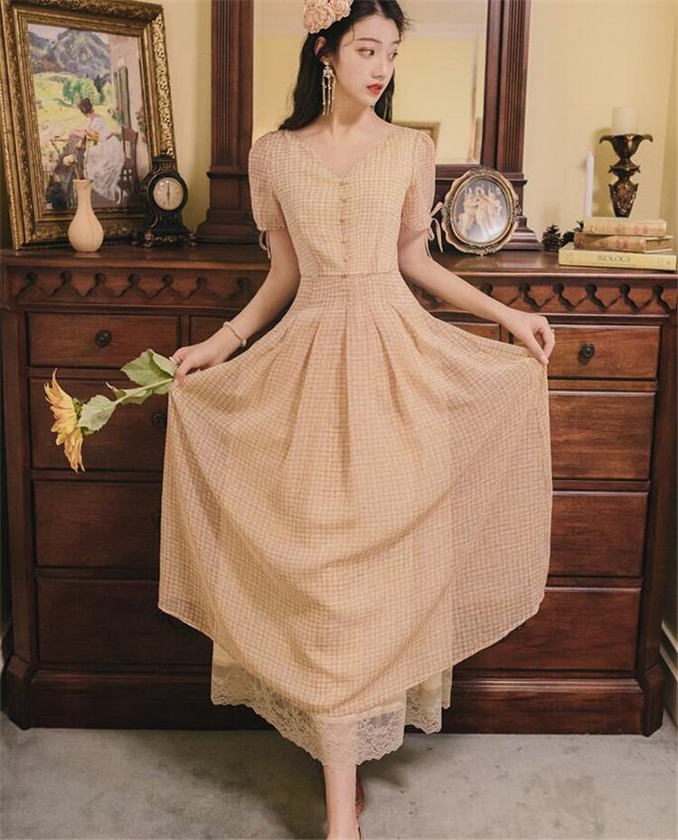 ラインを美しく演出!ワンピース フレンチ デザインセンス 気質 半袖 Vネック レトロ チェック柄スカート