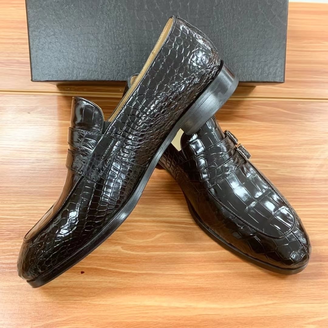 高級品 クロコダイルレザー 本物保証 靴 25.0cm−26.5cm 黒 スリッポン