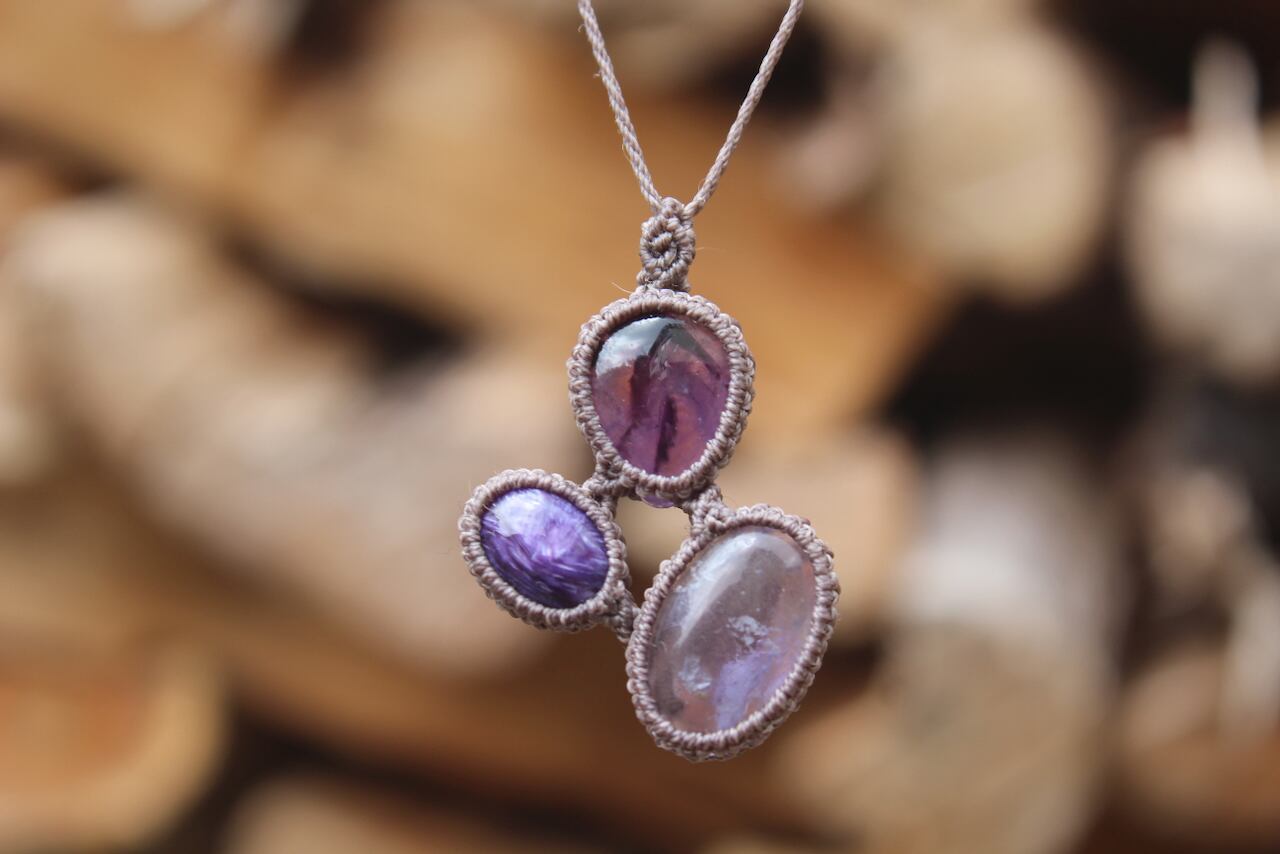 Fluorite & Charoite & Amethyst micro macrame pendant