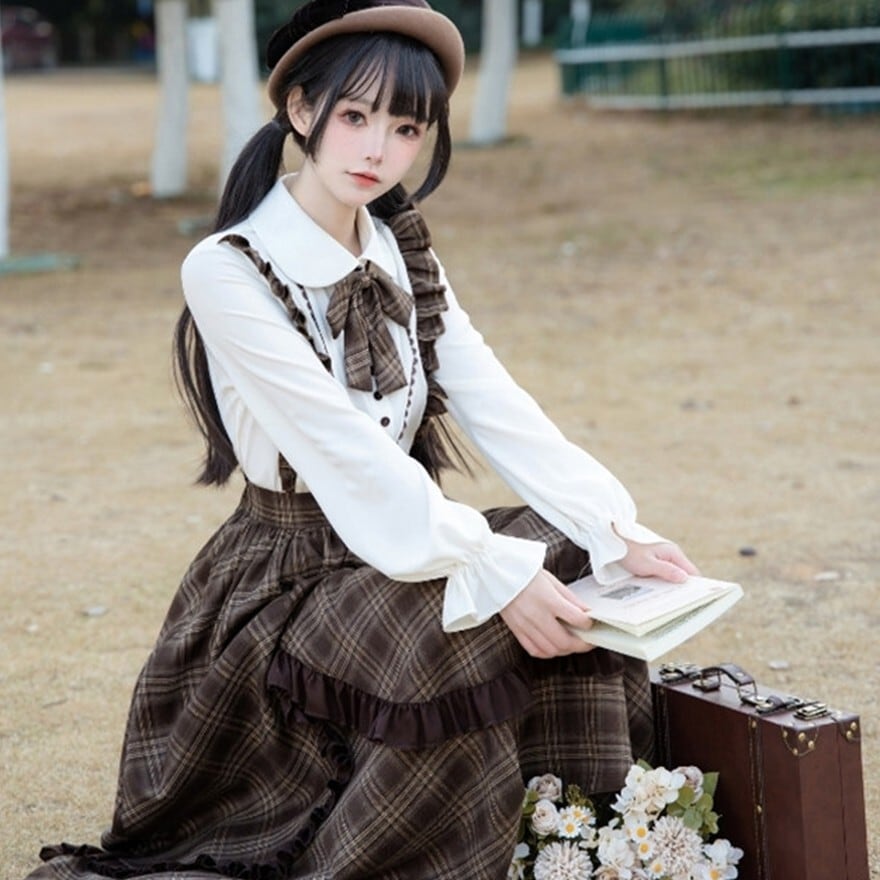クラロリ ブラウンチェック柄 フリル付きロングフレアスカート