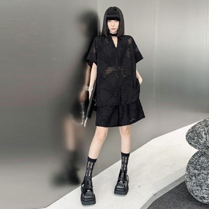 クール系漆黒透け感半袖シャツ＆ショートパンツ