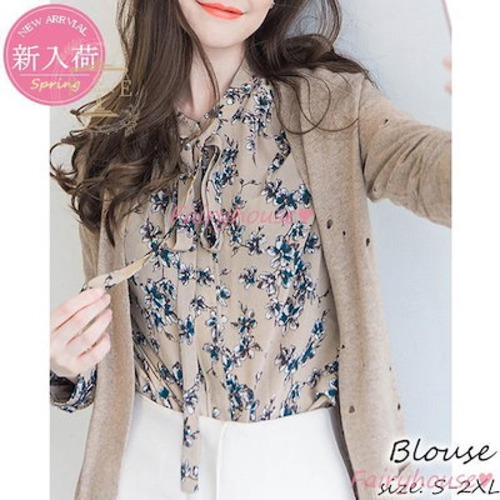 人気商品ブラウス レディース 長袖ブラウス 春夏 オフィスブラウス 花柄 リボンVネック オシャレブラウス シフォントップス 韓国風 大人 通勤 ゆったりシャツ 40代 30代