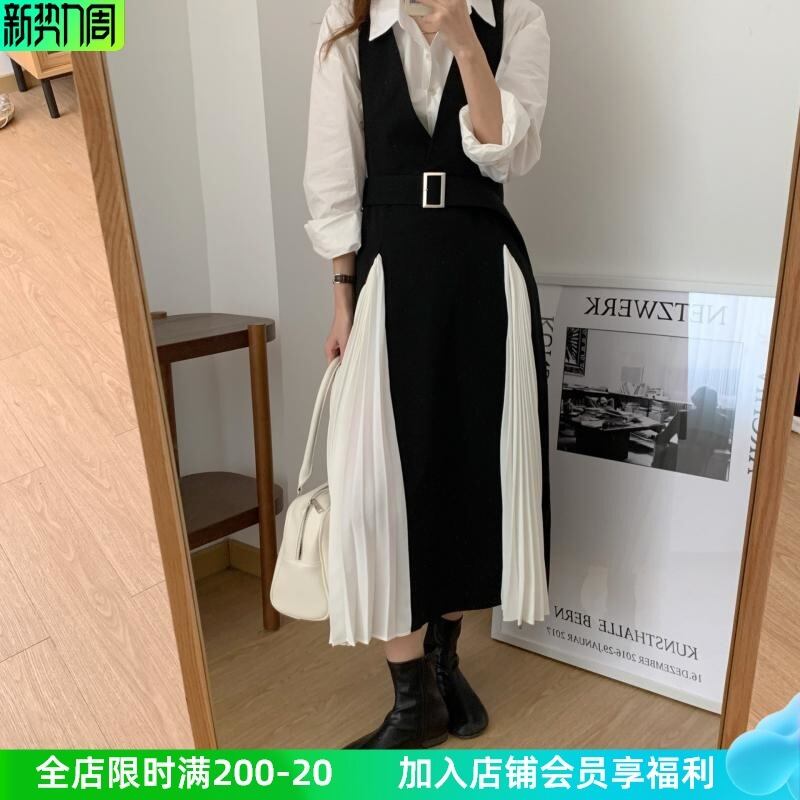 プリーツスカート シャツ ベルト ドレス ロング ハーネス ステッチ ビッグFスモールZ韓国91440837607