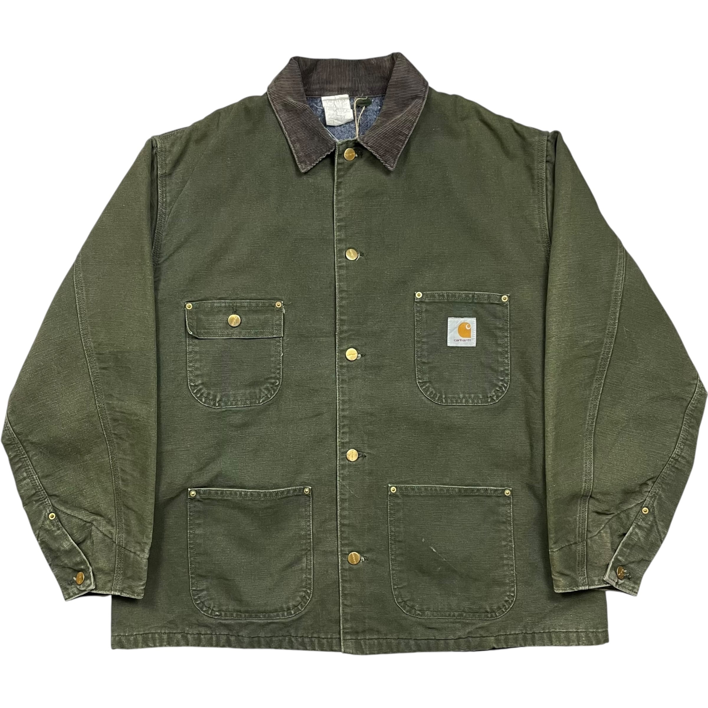 《XL》Carhartt カーハート チョアコート 希少カラー ワンポイントロゴ 襟コーデュロイ グリーン USA製 80年代〜 no.9799