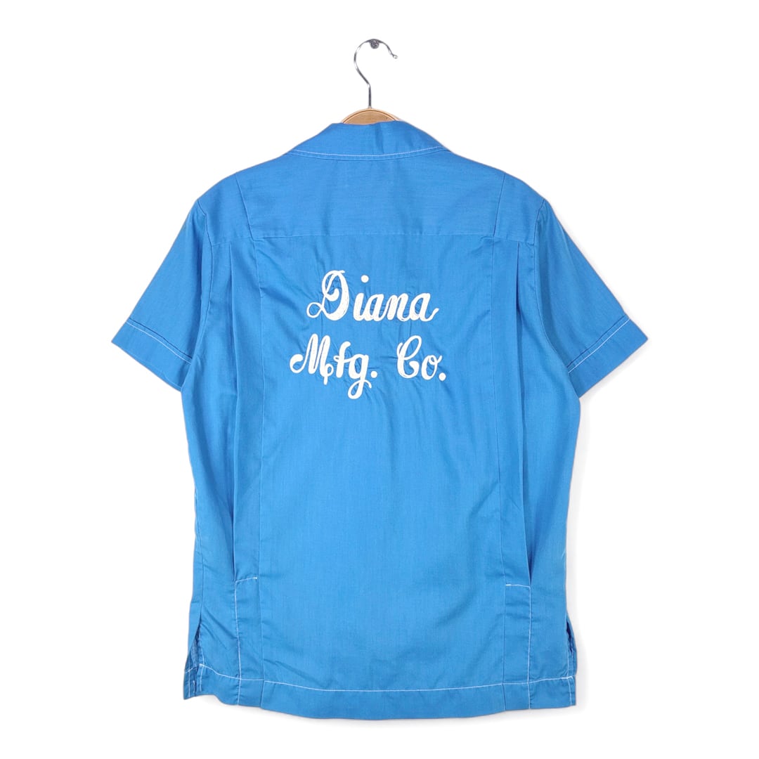 70s ヒルトン USA製 ヴィンテージボーリングシャツ チェーンステッチ刺繡 ブルー HILTON メンズM 古着 @CE0015